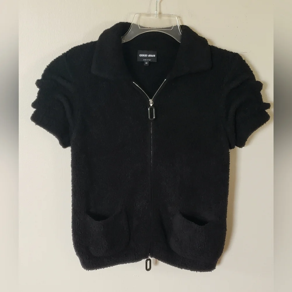 Giorgio Armani Cashmere / Silk Blend Ruched Short Sleeve Zip Up Cardigan Size 38